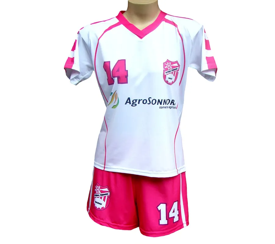 Uniforme de futebol feminino branco e rosa com número 14